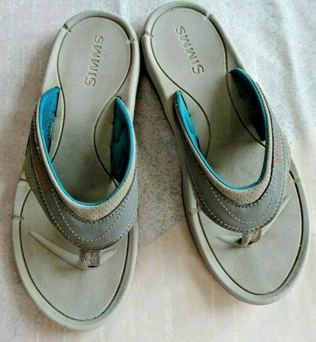 Sz.8 Simms Atoll Leather Fishing Thong Sandals w/Arch,Gray w/Teal,Rubber  Soles | eBay