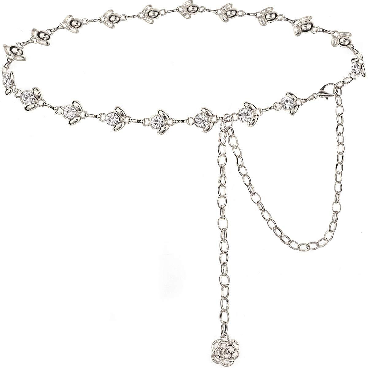Silver Chain Belts for Women Rhinestone Waist Chain for Dress Plus Size  135CM...
