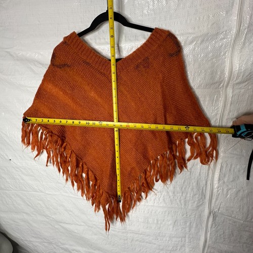 VTG 90s Y2K JJ Basics Poncho Sweater Women's Mohair Orange Knit V-Neck Fringe - Picture 6 of 7