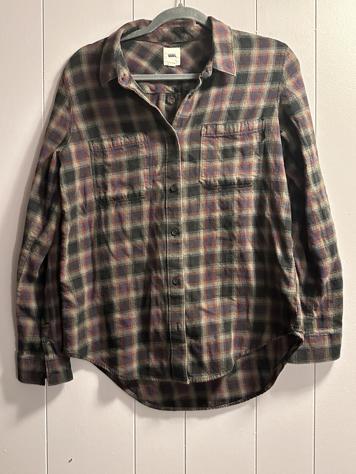 Vans Flannel Shirt Womens Medium Button Down Blackwatch Plaid Skater Grunge-image