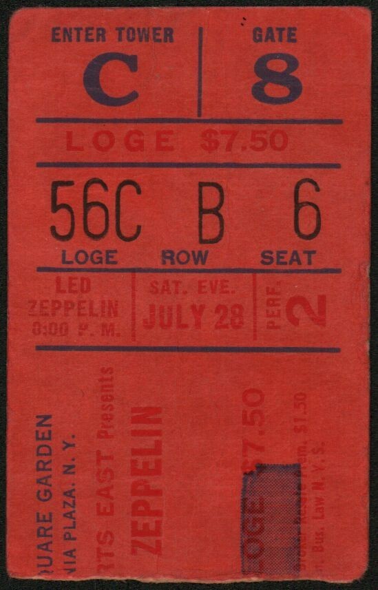 LED ZEPPELIN-John Bonham-1973 Concert Ticket Stub-New York-Madison