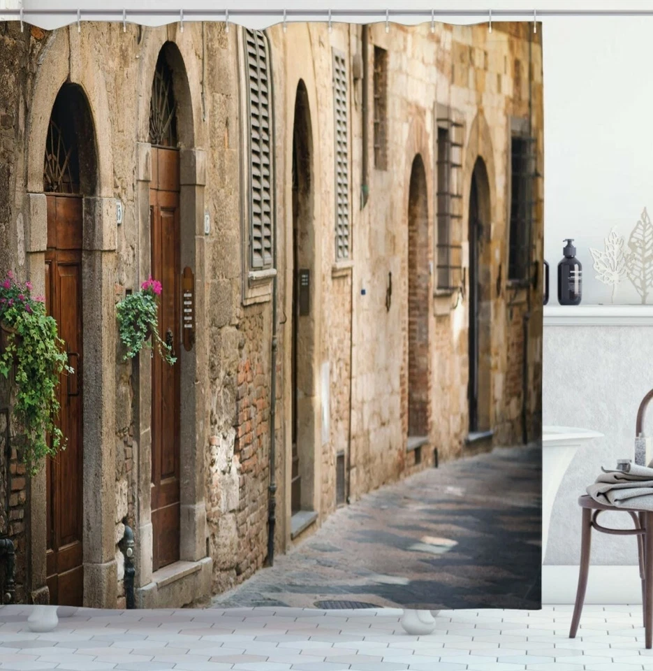 Тканевые занавески для душа и крючки Ambesonne Италия переулок дома двери Тоскана Св. НОВЫЕ - Изображение 2 из 4
