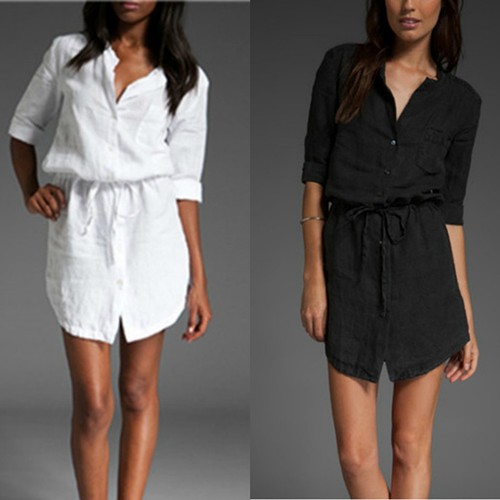 Sexy Fashion Cotton Linen Slim Draw string Button Blouse Casual Mini Dress p1