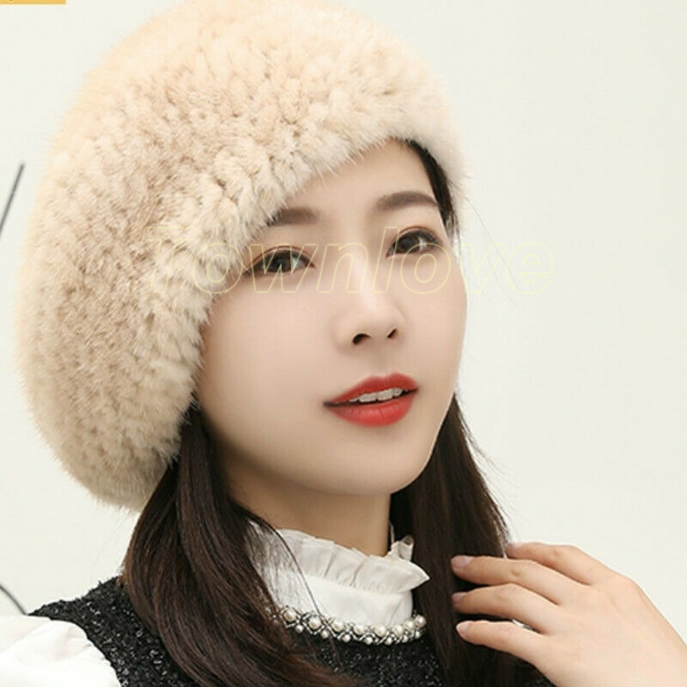 100% Real Genuine Knitted Mink Fur Beret Hat Cap Hood Ladies  display picture 1