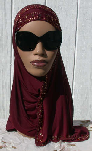 BURGUNDY Slip On One piece Instant Mona Rhinestone Fashion Hijab - Picture 2 of 2