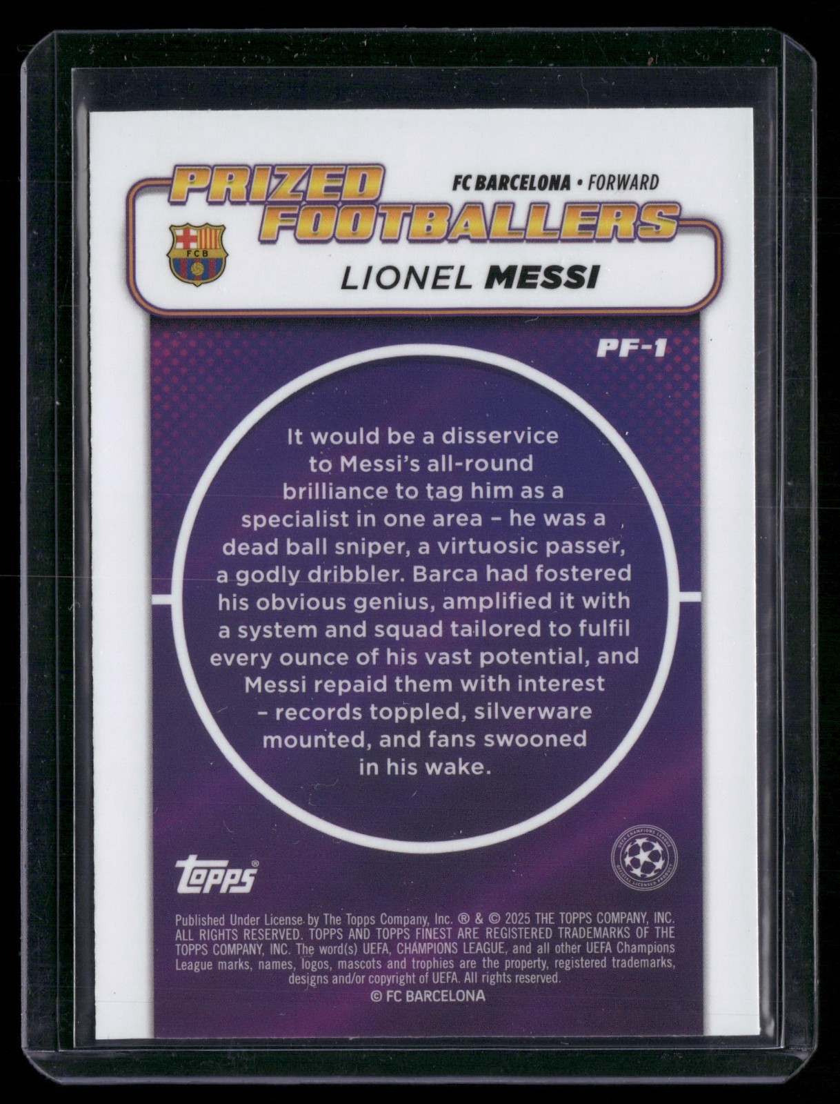 2024-25 Topps Finest UEFA Lionel Messi Prized Footballers #PF-1 Barcelona A3 view 2