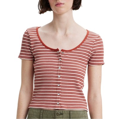 NEW Levi s Women s Britt Pearl Snap Shirt Red Stripes Short Sleeve Size Large