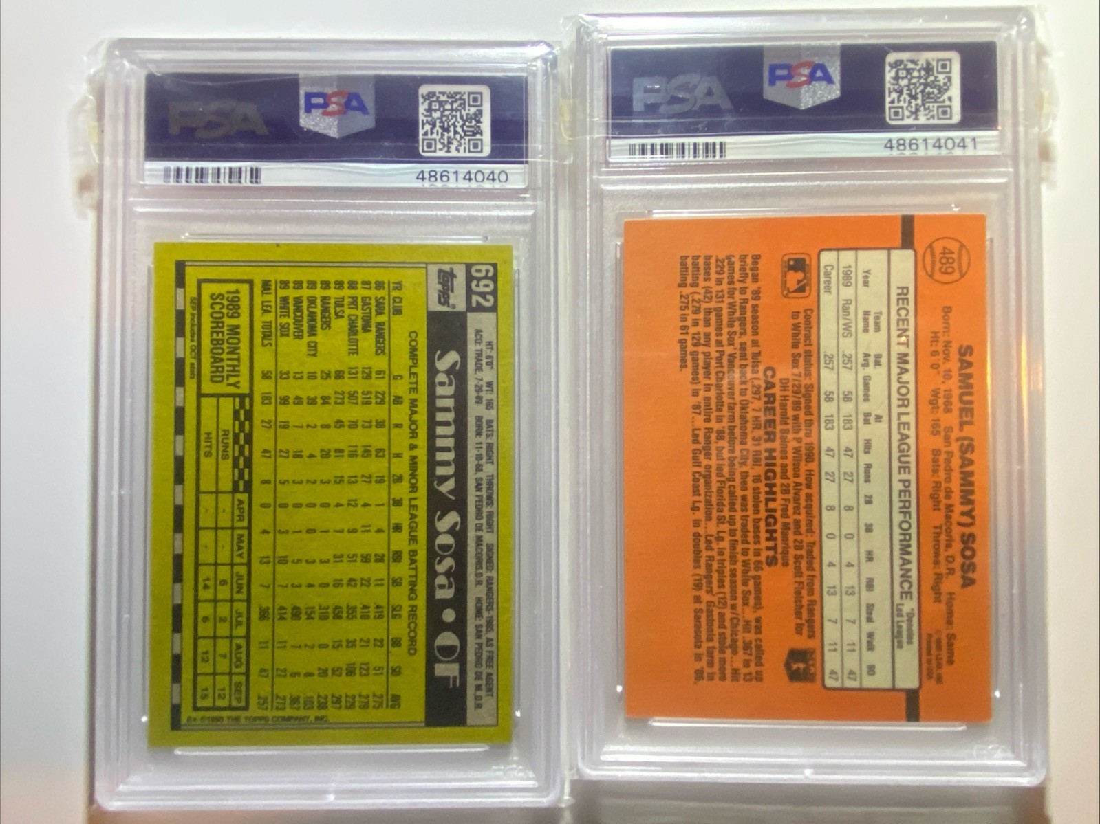 1990 Topps Sammy Sosa #692 (RC) Psa 7 And 1990  Donruss Sammy Sosa #489 Psa 6.5 view 2