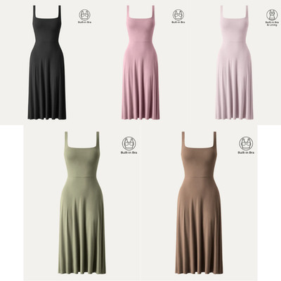 Oglmove Eco-SkinKiss Square Neck Flowy New Airy Bra Midi Dress