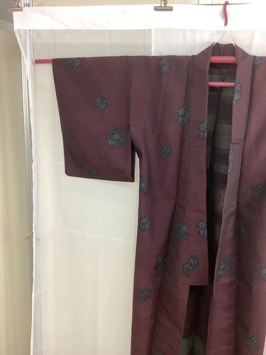 Japanischer Vintage Kimono Seidenstoff weinrot Oshima teure Blume 151 cm - Bild 3 von 12