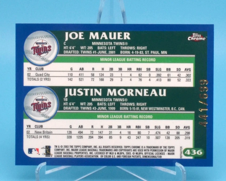 Joe Mauer & Justin Morneau 2003 Topps Chrome Prospects refractor de plata/699 Foto 3 de 4