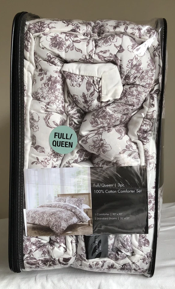 Juego de edredón Tahari púrpura y blanco floral completo/reina 100 % algodón 90”x90” nuevo con etiquetas Foto 2 de 4