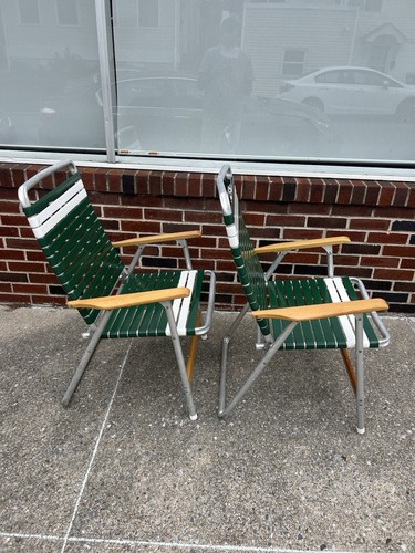Vintage Aluminum LAWN CHAIRS PAIR Folding Green Vinyl pool patio set TELESCOPE 2 - Picture 4 of 10
