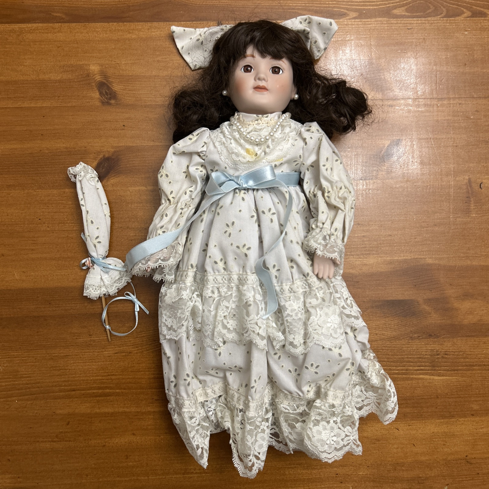 Vintage Marian Yu Porcelain Doll with Umbrella Stand Brown Hair