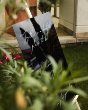 Black Acrylic Wedding Welcome Sign with Gold Mirror Names   Custom Wedding Sign
