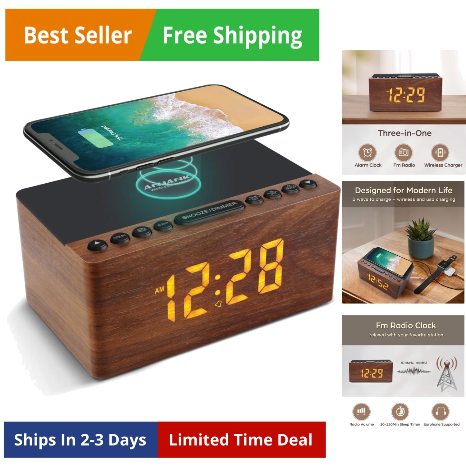 Wooden Digital LED Alarm Clock FM Radio, Fast Wireless Charger Station for iP