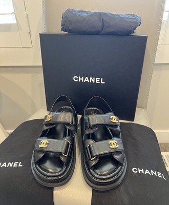 New Chanel Black Lambskin Leather Gold CC Logo Mule Slide Strap Sandal 39 NIB
