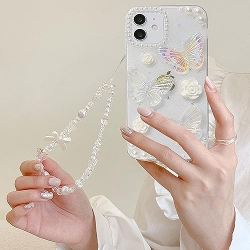 for iPhone 15 Glitter Case,Cute 3D Butterfly Floral Crystal Pearl Bling Clear - Zdjęcie 7 z 8