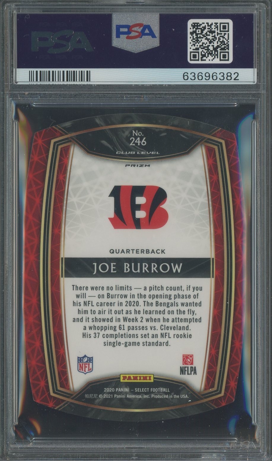 2020 Panini Select Die-Cut Blue Prizm #246 Joe Burrow Bengals RC Rookie PSA 10 view 2