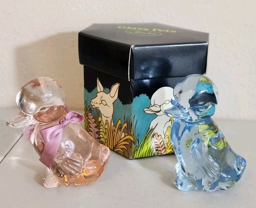 Vintage Fenton klar himmelblau & rosa Glas Entlein Figur 3" mit Haustier Box