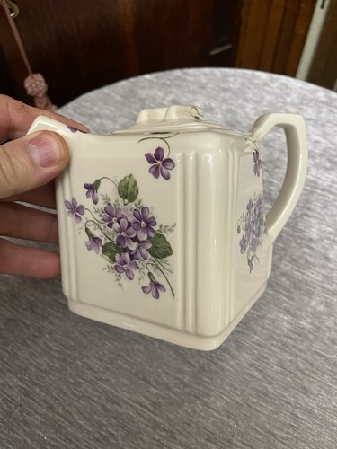 Vintage 1940 Era Kernewek Square Shape Teapot Violets Floral Purple Design - Picture 7 of 14