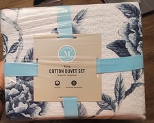 NEW Martha Stewart King 100 Cotton Floral White Blue 3-Piece Duvet Cover Set