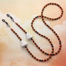 Halloween Ghost Eyeglass Chain, Orange Black Beaded Glasses Holder Lanyard