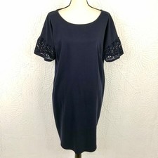 Talbots Eyelet Ruffle Sleeve Dress 1X Dark Navy Knit Pullover Minimalist Boho