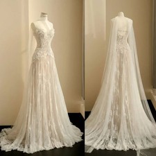 Gorgeous A-Line Wedding Dress Luxury V-neck 2 In 1 Cloak Princess Bride Gown