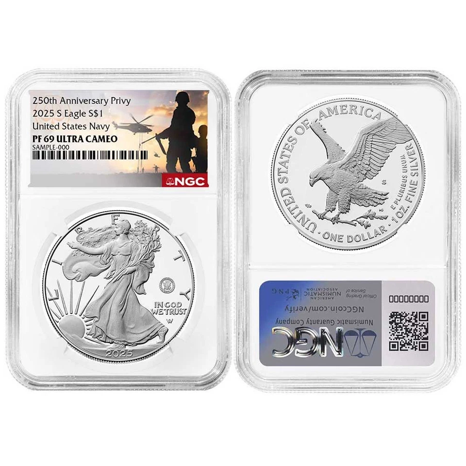 Preventa - Prueba 2025-S $1 American Silver Eagle Navy Privy NGC PF69UC Militar Foto 3 de 3