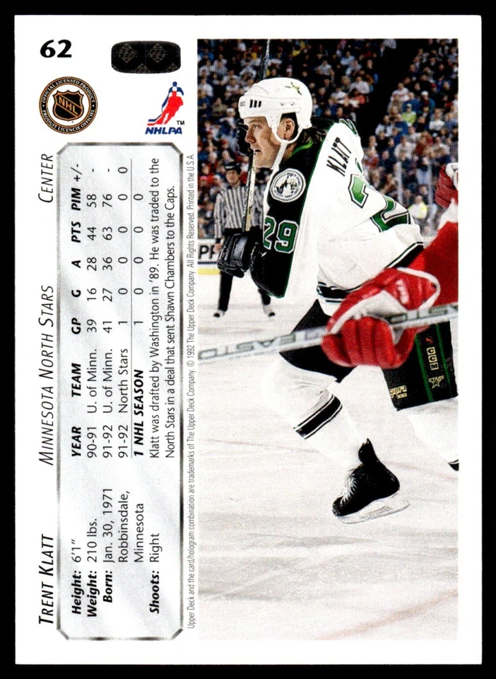 1992-93 Upper Deck Trent Klatt Rookie Minnesota North Stars #62 - Image 2 of 2