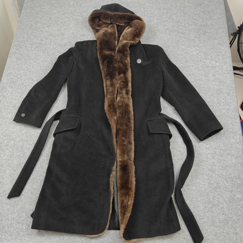 Max Mara Coat Womens 4 Black Wool Cashmere Fur Trim Hooded Belted Long Overcoat