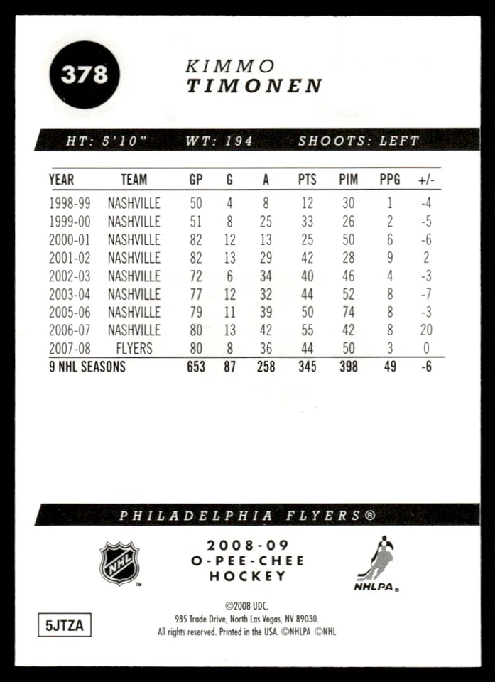 2008-09 O-Pee-Chee Gold Kimmo Timonen Philadelphia Flyers #378 - Image 2 of 2