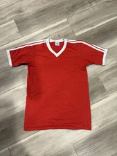 Vintage 80s  Adidas Trefoil V Neck Ringer T-Shirt Size Medium Red