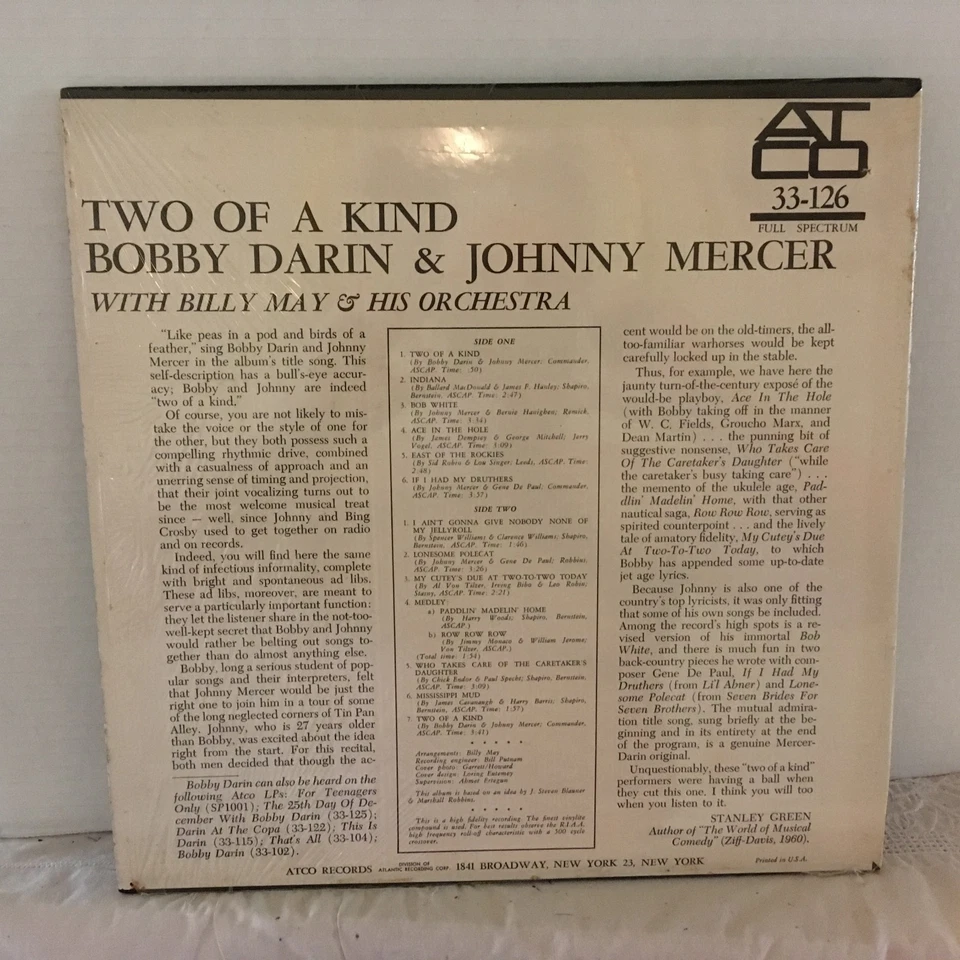 Bobby Darin & Johnny Mercer Two Of A Kind 1961 12" 33 RPM Vinyl LP Big Band Jazz - Image 2 of 4