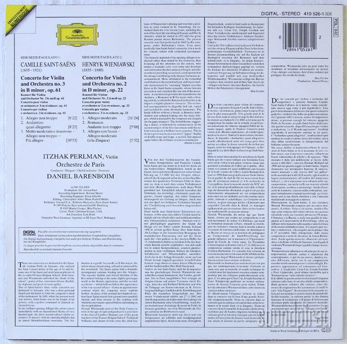 PERLMAN SAINT-SAENS & WIENIAWSKI VIOLIN CONCERTOS DGG DIGITAL ED.1 410526-1 NM - Picture 2 of 3