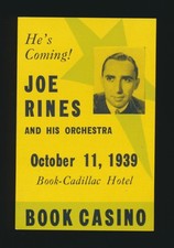 1939 Poster Stamp Joe Rines and His Orchestra Book Casino Cadillac Hotel Detroit