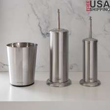 3 Piece Bathroom Set Stainless Steel Trash Can Toilet Brush Plunger Wastebasket