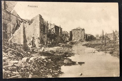 Postcard-Fresnes-destroyed houses-field post WW1 1916