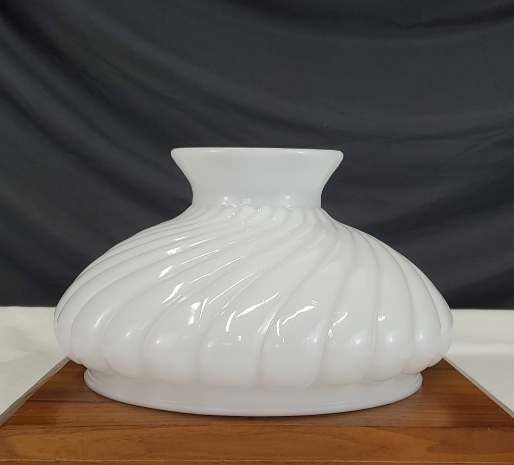 Antique Vtg Milk Glass Student Oil Lamp Shade Swirl Ribbed Melon White 10"Fitter