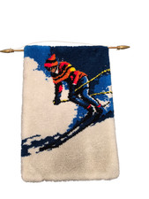 Vintage 1970s Latch Hook Rug Wall Hanging Ski Winter Cabin Snow Slopes 24x36
