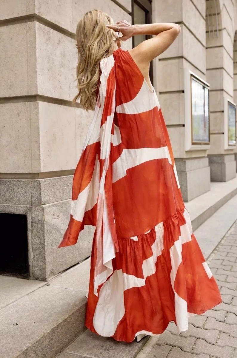 H&M HM Summer 2024 Voluminous MAXI Dress Red Patterned XXL NWT