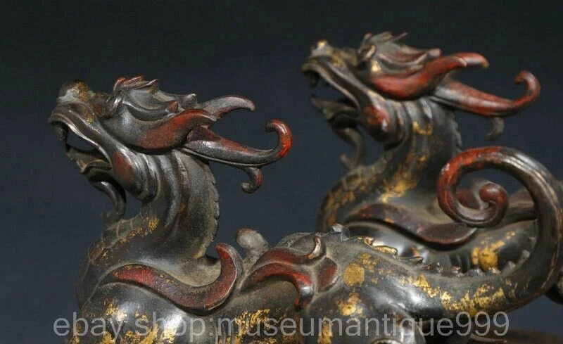 Par de esculturas de estatua de dragón pixiu bestia dragón dinastía dorada china antigua de 10,4" Foto 3 de 4