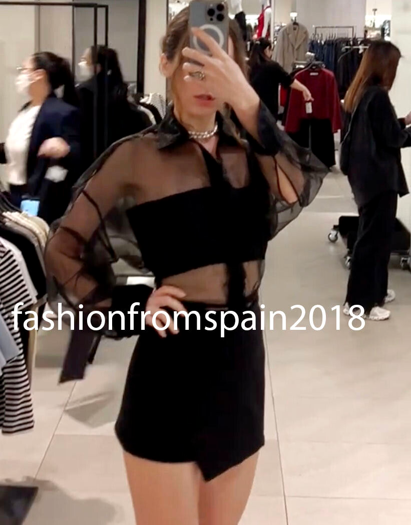 ZARA NEW WOMAN SEMI-SHEER OVERSIZED ORGANZA SHIRT BLACK XS