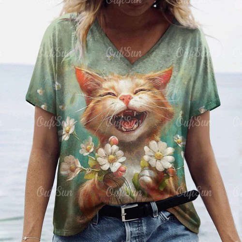 Women’s 3D Cat Print T-Shirt Casual Oversized Tee, Short Sleeve Crew Neck Street - Picture 41 of 124
