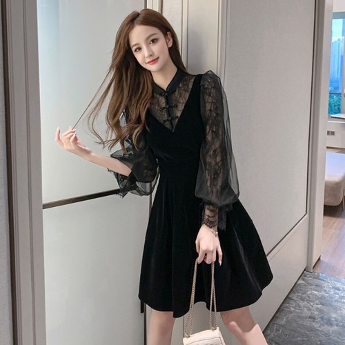 Women Velvet Dress Punk Gothic Lace 