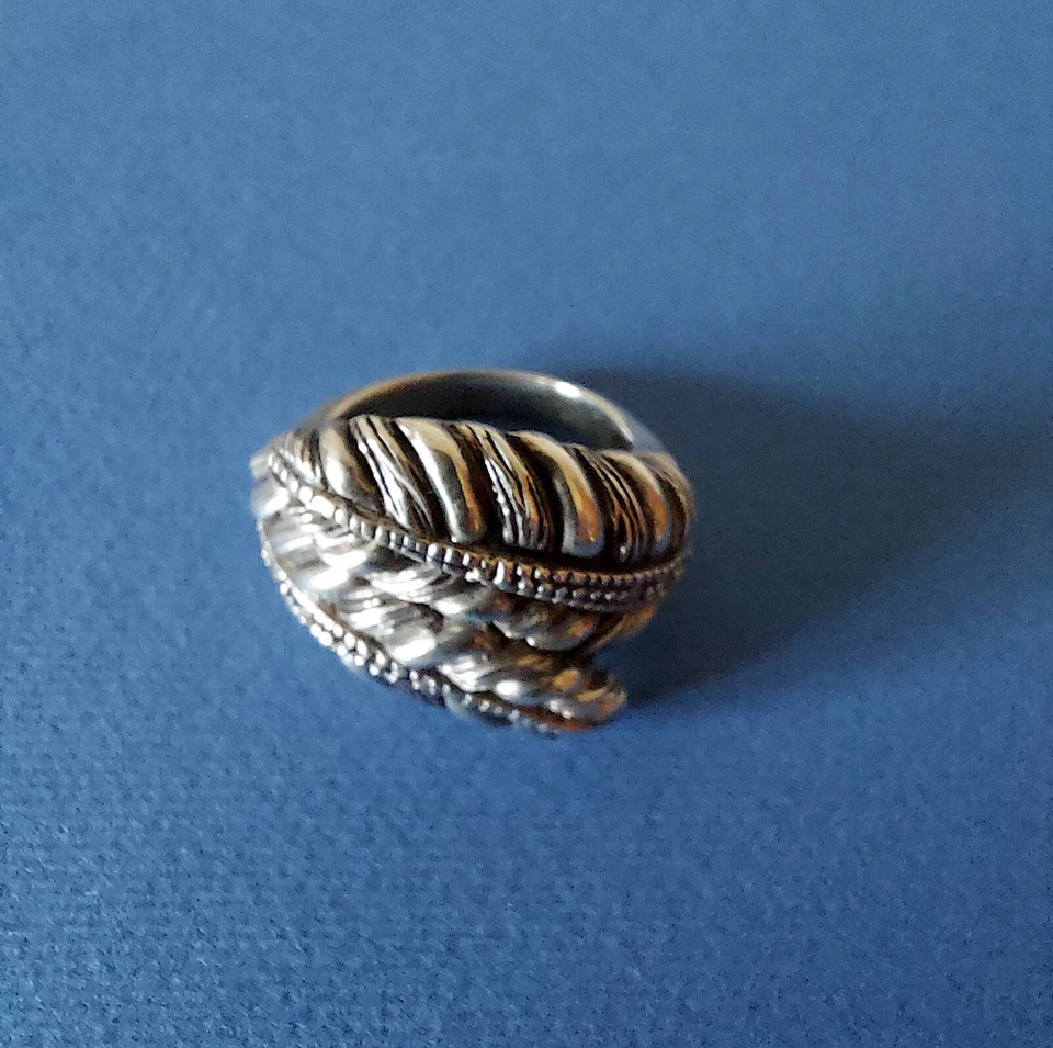 ANELLO ARGENTO ETNICO TRIBALE FOGLIE PIUME - ANELLO DONNA VINTAGE ANNI 70 - Immagine 2 di 4