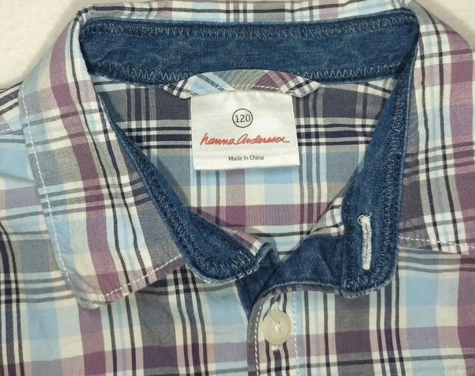 Hanna Andersson Boys 120 (6) Plaid Button Down Collared Dress Shirt Blue Purple - Image 2 of 4