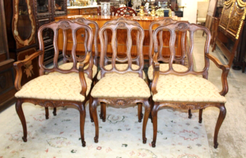 Set of 6 French Louis XV Dining Chairs | Oak Frames & Upholstered Seats