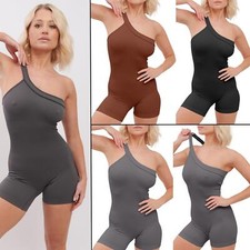 Women One Shoulder Thong Tummy Control Ribbed Seamles Shapewear Bodycon Jumpsuit